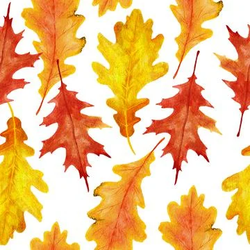 Watercolor hand drawn seamless pattern with red orange yellow fall autumn leaves Illustrazione stock