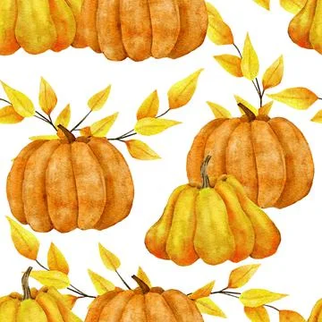 Watercolor hand drawn seamless pattern with yellow pumpkins and leaves, fall Illustrazione stock