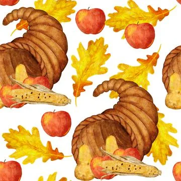 Watercolor hand drawn seamless pattern with Thanksgiving cornucopia basket horn Stock Illustration