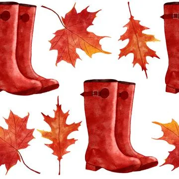 Watercolor hand drawn seamless pattern with Wellington boots, red orange yellow Illustrazione stock