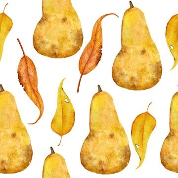 Watercolor hand drawn seamless pattern with ripe harvest ripe yellow pear Stock Illustration