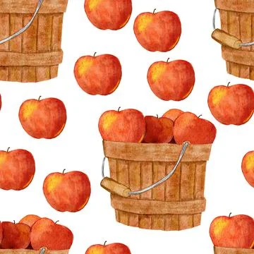 Watercolor hand drawn seamless pattern with ripe harvest red apples in bucket Stock Illustration
