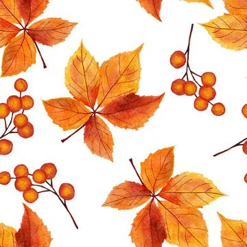 Watercolor hand drawn seamless pattern with red orange yellow fall autumn leaves Illustrazione stock