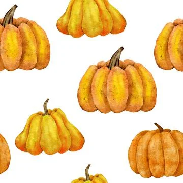 Watercolor hand drawn seamless pattern with yellow pumpkins and leaves, fall Stock Illustration