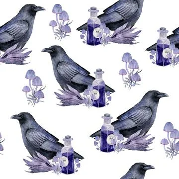 Watercolor hand drawn seamless pattern with black raven bird purple witch forest Stock Illustration
