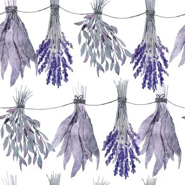 Watercolor hand drawn seamless pattern with purple witch forest poisonous herbs Illustrazione stock