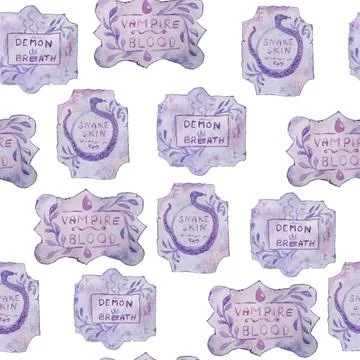 Watercolor hand drawn seamless pattern with apothecary potion labels purple Stock Illustration