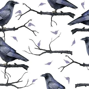 Watercolor hand drawn seamless pattern with black raven bird purple witch forest Stock Illustration