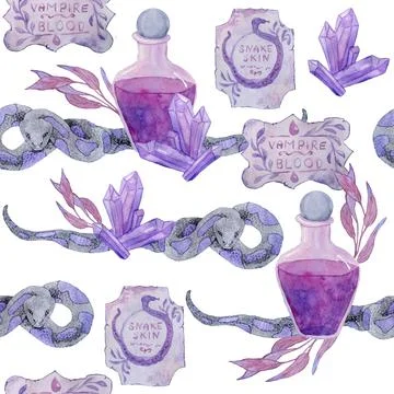 Watercolor hand drawn seamless pattern with apothecary potion brew purple witch Stock Illustration