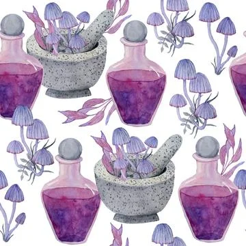 Watercolor hand drawn seamless pattern with apothecary potion brew purple witch Stock Illustration