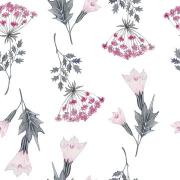 Watercolor hand drawn seamless pattern with purple witch forest poisonous herbs Stock Illustration