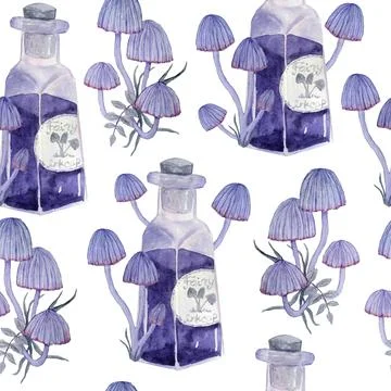 Watercolor hand drawn seamless pattern with apothecary potion brew purple witch Stock Illustration