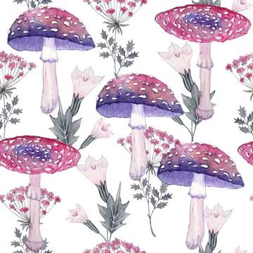 Watercolor hand drawn seamless pattern with amanita mushroom purple witch forest Stock Illustration