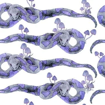 Watercolor hand drawn seamless pattern with snake purple witch forest herbs Stock Illustration