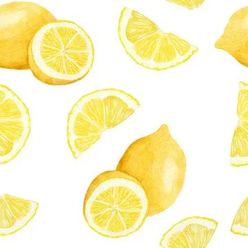 Watercolor hand drawn seamless pattern with lemon citrus fruit. Summer bright Stock Illustration