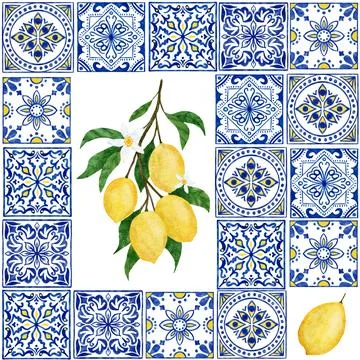 Watercolor hand drawn seamless pattern with lemon citrus fruit blue portuguese Stock Illustration