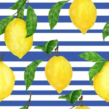 Watercolor hand drawn seamless pattern with yellow lemons and blue stripe Stock Illustration