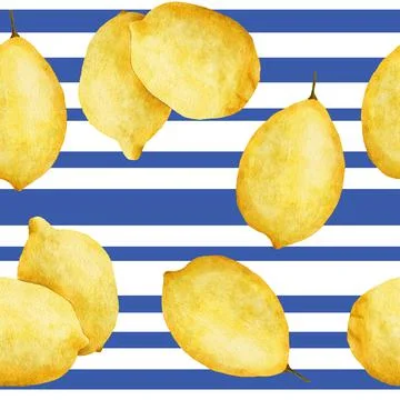 Watercolor hand drawn seamless pattern with yellow lemons and blue stripe Stock Illustration