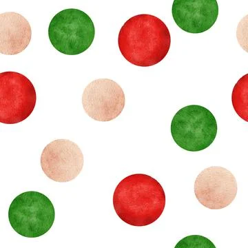 Watercolor hand drawn seamless pattern with red green beige polka dot round Stock Illustration