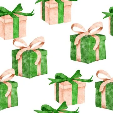 Watercolor hand drawn seamless pattern with gift box present with green beige Illustrazione stock