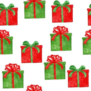 Watercolor hand drawn seamless pattern with red green Christmas gifts boxes Stock Illustration