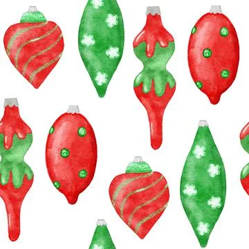 Watercolor hand drawn seamless pattern with Christmas hanging ornaments. Red Stock Illustration