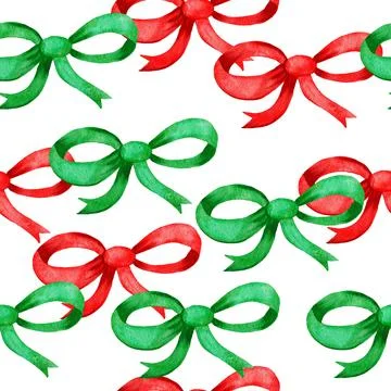 Watercolor hand drawn seamless pattern with green red ribbon bows. Christmas Stock Illustration