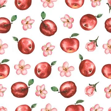 Watercolor hand drawn seamless pattern with  apple flowers, leaves and red .. Stock Illustration