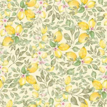 Watercolor hand drawn Seamless pattern. Yellow citrus fruit fruit. Sicily L.. Stock Illustration