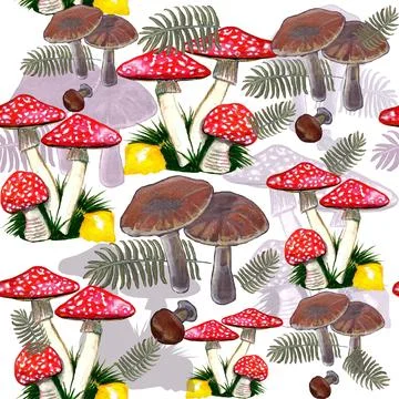 Watercolor hand drawn seamless pattern with agarics mushrooms, ferns and leaves Stock Illustration