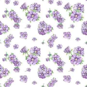 Watercolor hand drawn seamless pattern of purple anemones with green leaves.. Stock Illustration