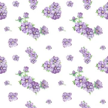 Watercolor hand drawn seamless pattern of purple anemones with green leaves i Stock Illustration
