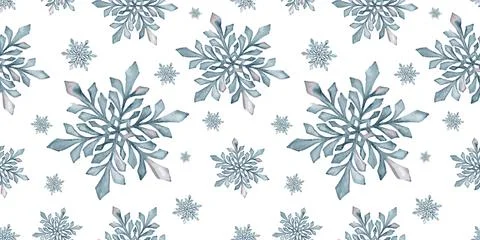 Watercolor hand drawn seamless pattern with snowflakes. Stock Illustration