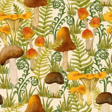 Watercolor hand drawn seamless pattern poisonous dangerous wild mushroom Stock Illustration