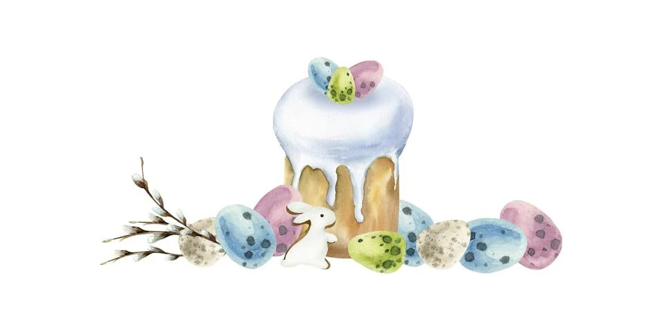 Watercolor hand drawn spring Easter composition. Easter sweet bread with eggs Stock Illustration