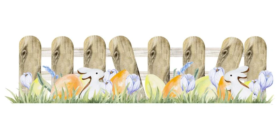 Watercolor hand drawn spring Easter composition with wooden fence, white ra.. Stock Illustration