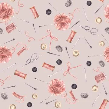 Watercolor handicrafts elements pattern. Buttons, pink yarn ball with knitt.. 库存插图