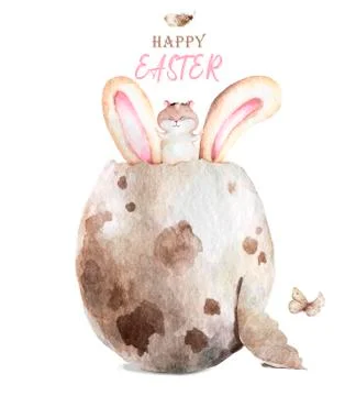 Watercolor Happy Easter. Colored egg with bunny ears and spring floral, isola 스톡 일러스트