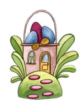 Watercolor happy easter set with cake, flowers, feathers and eggs. Spring hol Illustrazione stock