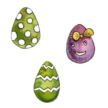 Watercolor happy easter set with cake, flowers, feathers and eggs. Spring hol Stock Illustration