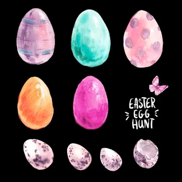 Watercolor Happy Easter set, Colored eggs Stock Illustration