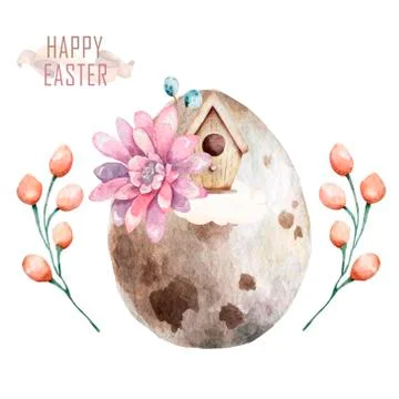Watercolor Happy Easter set, Colored eggs with pink flower and spring floral, Stock Illustration