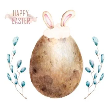 Watercolor Happy Easter set, Colored eggs with pink flower and spring floral, Stock Illustration