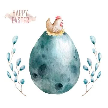 Watercolor Happy Easter set, Colored eggs with pink flower and spring floral, Stock Illustration