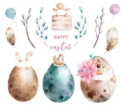 Watercolor Happy Easter set, Colored eggs with pink flower and spring floral, Stock Illustration