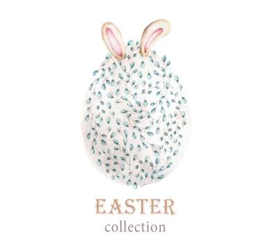 Watercolor Happy Easter set, Colored eggs with pink flower and spring floral, 스톡 일러스트