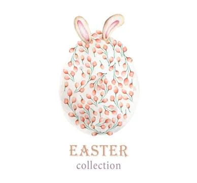 Watercolor Happy Easter set, Colored eggs with pink flower and spring floral, Stock Illustration