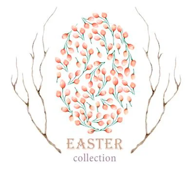 Watercolor Happy Easter set, Colored eggs with pink flower and spring floral, Stock Illustration