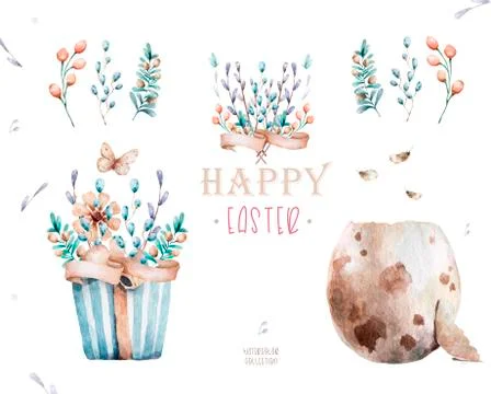 Watercolor Happy Easter set, Colored eggs withflower and spring floral, isola Stock Illustration