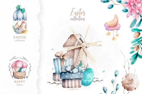 Watercolor Happy Easter set, Mill with eggs and flower and spring floral, iso Stock Illustration